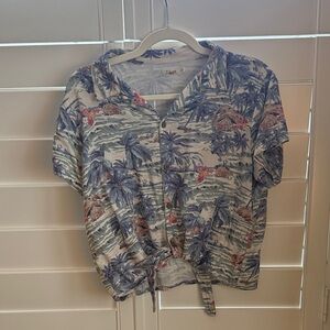 Faherty Tropical Print Hawaiian Blouse in Blue and Pink